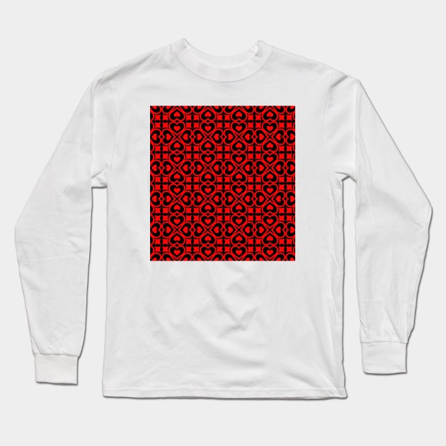 Red Heart Pattern On Black Background Art Print Pattern Design Long Sleeve T-Shirt by Pattern Plans